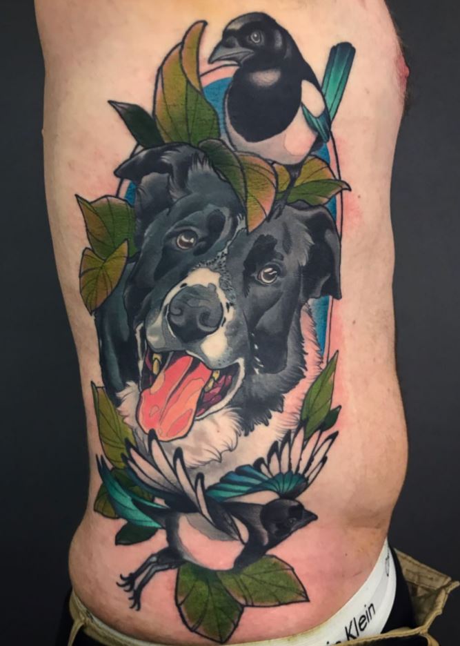Cute Dog And Bird Tattoo